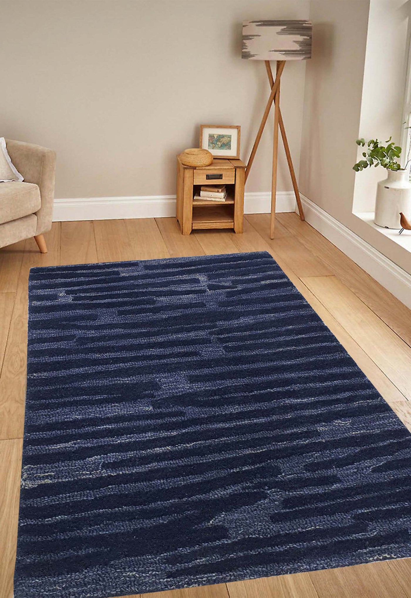 SUPERFINE HAND TUFTED LOOP & CUT PILE BLUE STRIPE CARPET SAMPLE - HT0103