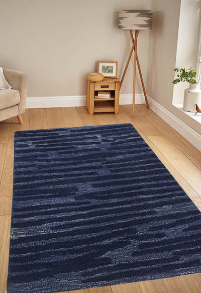 SUPERFINE HAND TUFTED LOOP & CUT PILE BLUE STRIPE CARPET SAMPLE - HT0103