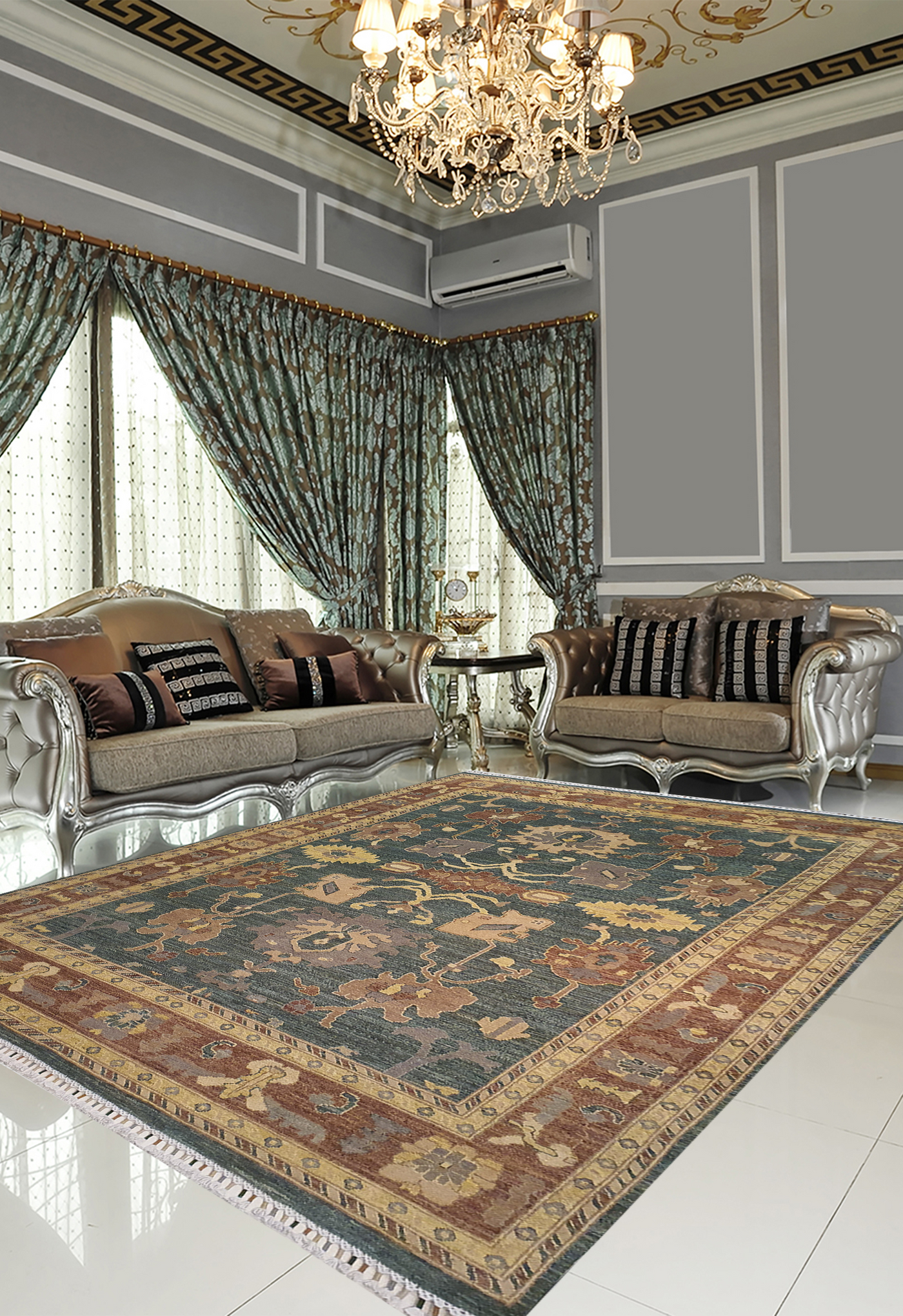SUPERFINE HAND KNOTTED OUSHAK LIGHT GREEN WOOL WITH BEAUTIFUL & COLOURFUL MULTICOLOUR FRINGE - AR3970