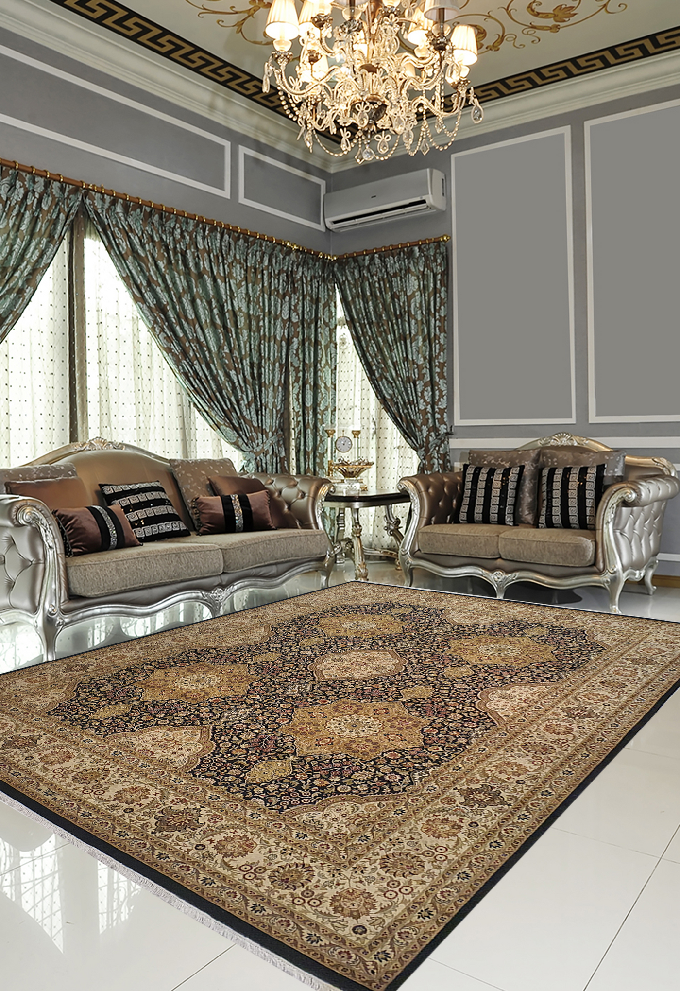 SUPERFINE PAK PERSIAN ISFAHAN BABY LAMBS WOOL CREAM & BLACK WITH 5 BEAUTIFUL MEDALLION - AR3969
