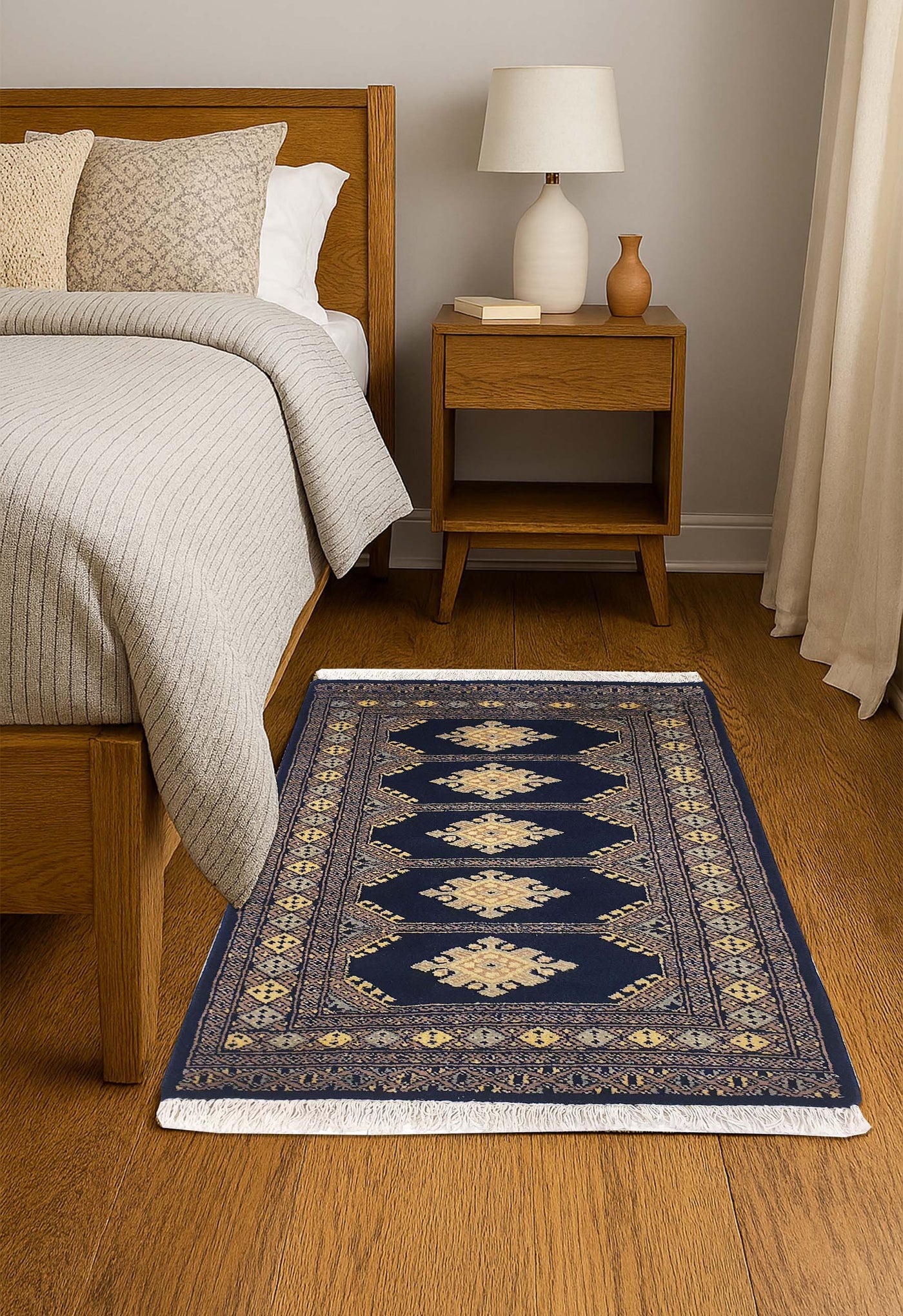 SUPERFINE BUKHARA BLUE WITH 5 MEDALLION WHITE & GREY BORDER - AR3988