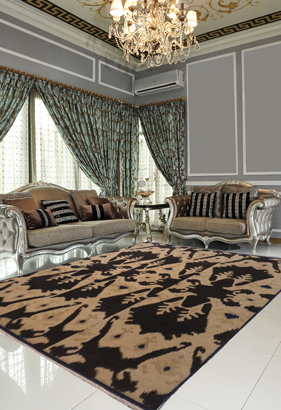 Superfine Persian Ikat Design Wool Allover Big Floral Motif Black and Cream-VP155