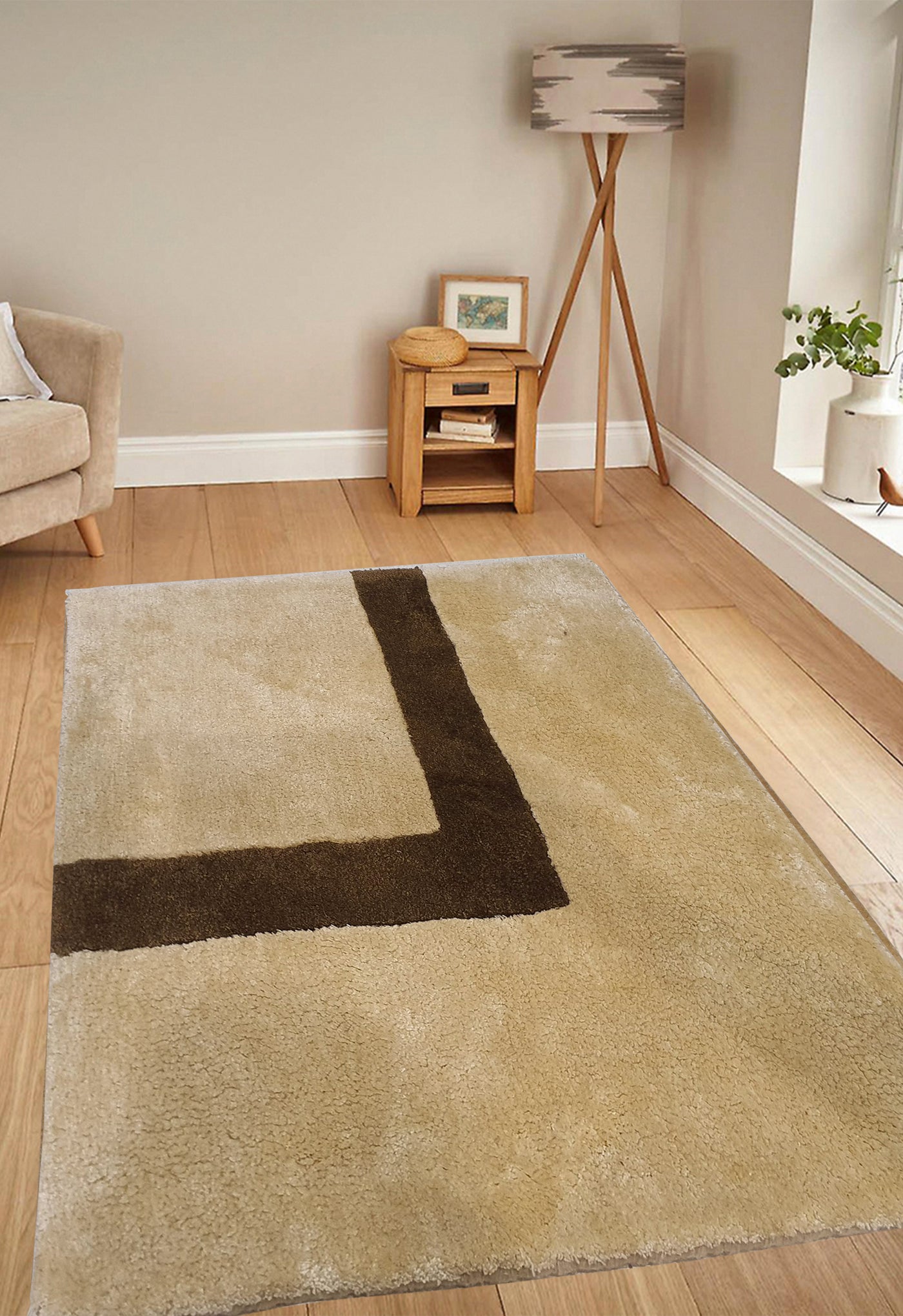 SUPERFINE HAND TUFTED VISCOSE (SILK) CREAM & BROWN STRIPE CUT PILE CARPET SAMPLE - HT0099