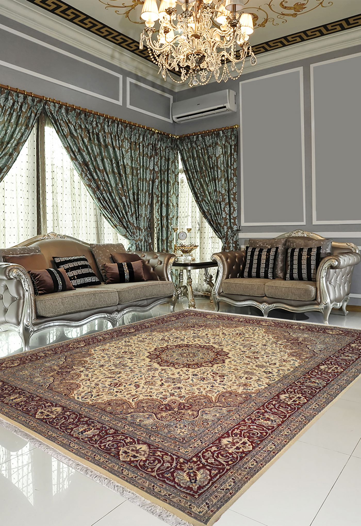 SUPERFINE PAK PERSIAN ISFAHAN WOOL CREAM WITH RED BORDER. THIS CARPET IS MADE OF FINE LAMBS' WOOL - AR3964
