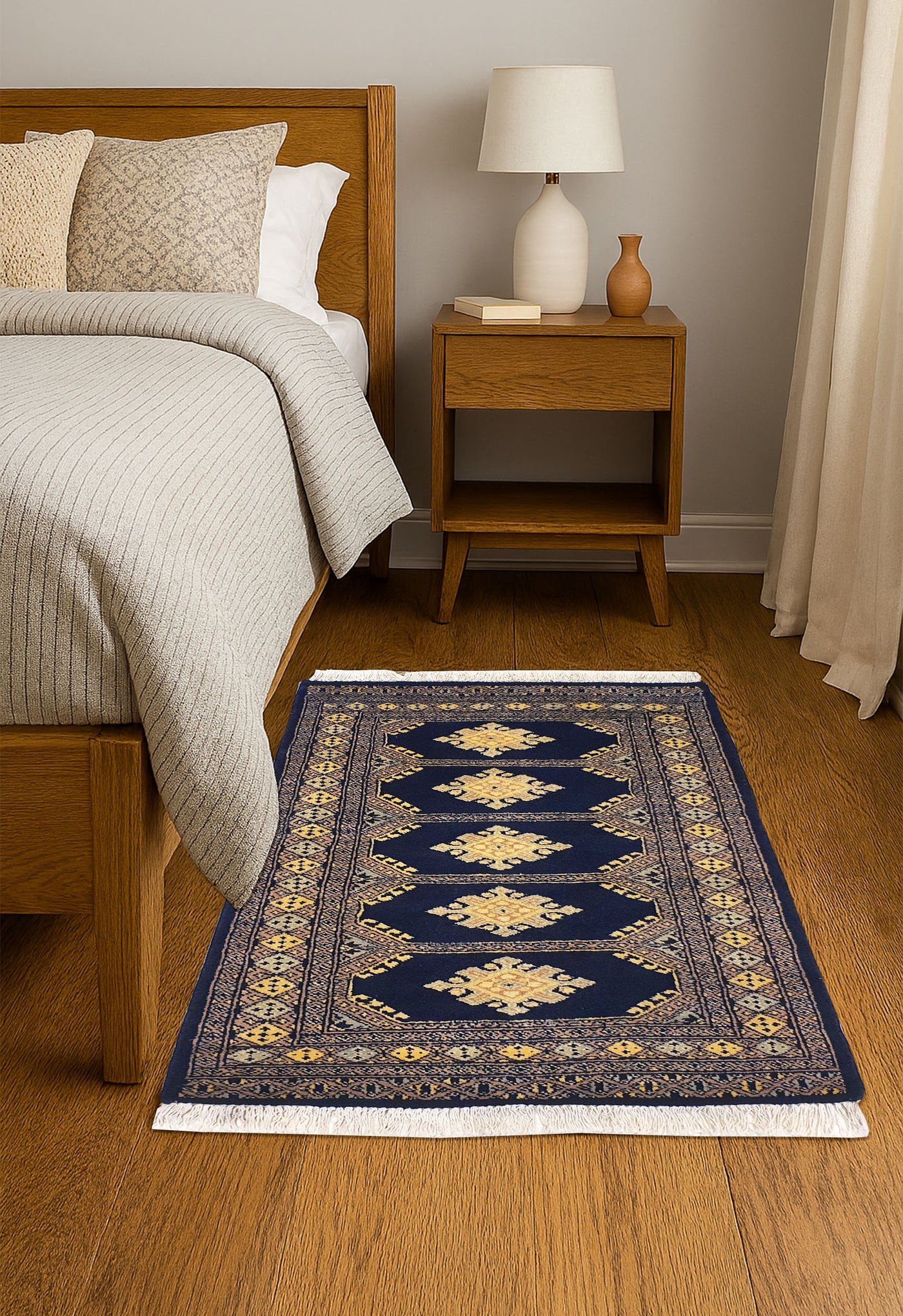 SUPERFINE BUKHARA DARK BLUE WITH 5 MEDALLION CREAM & GREY BORDER - AR3981