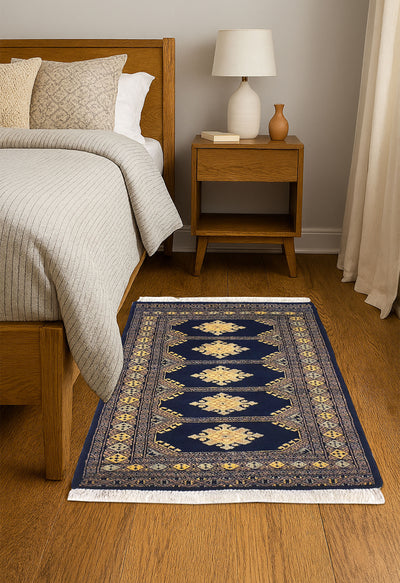 SUPERFINE BUKHARA DARK BLUE WITH 5 MEDALLION CREAM & GREY BORDER - AR3981