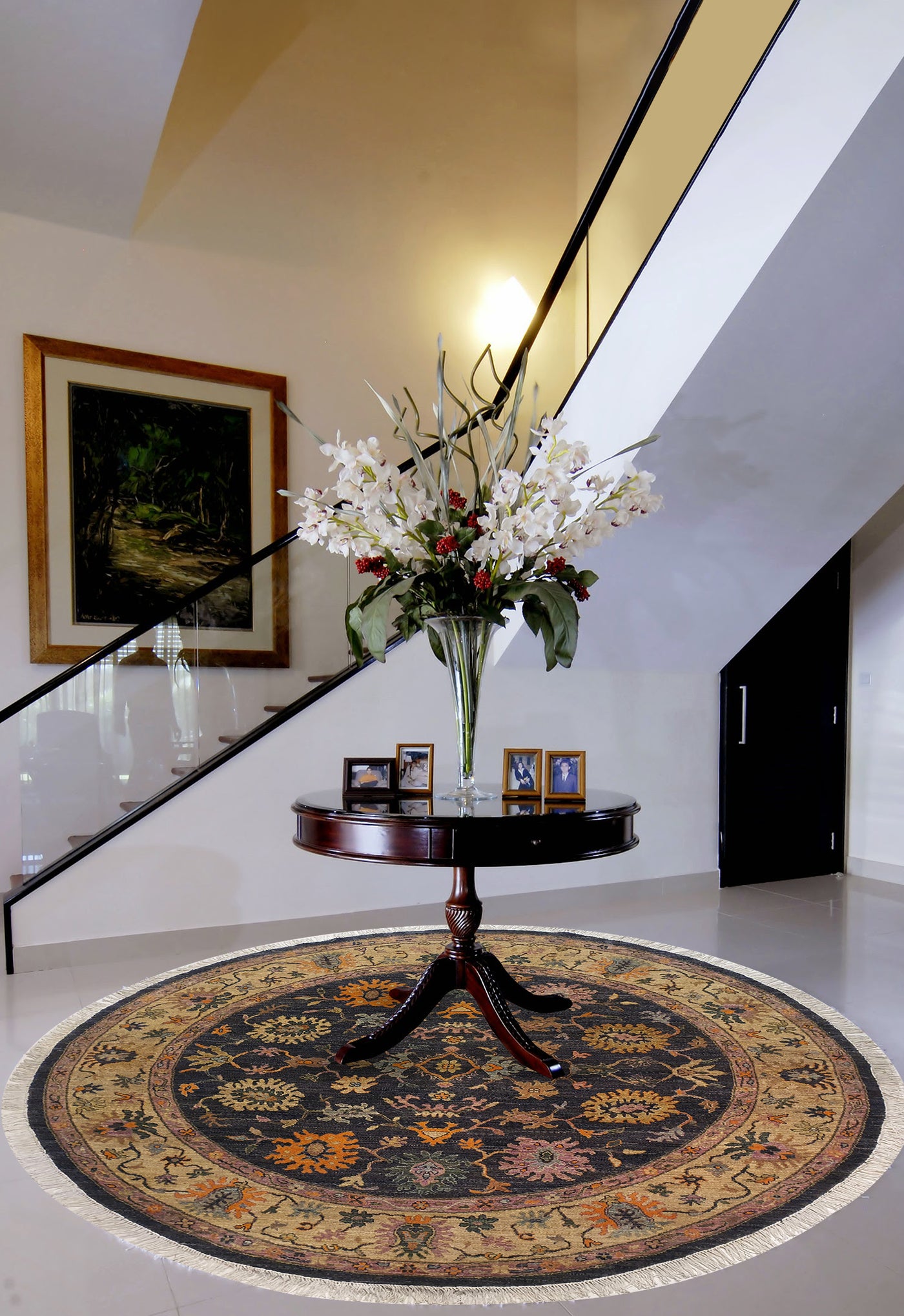 SUPERFINE HAND KNOTTED OUSHAK GREY WOOL ROUND WITH MULTICOLOUR FLOWERS MADE BY FINE HANDY FINE WOOL - AR3971