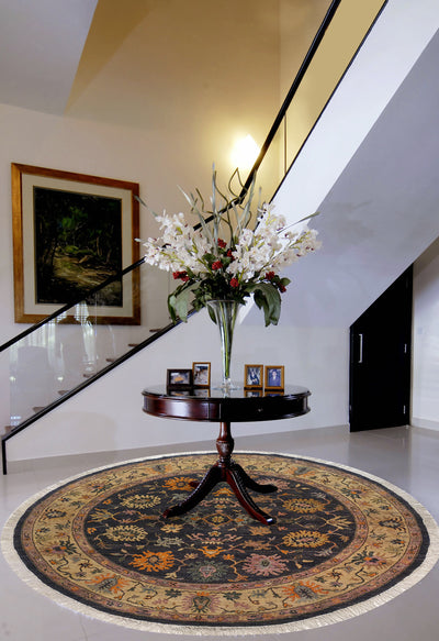 SUPERFINE HAND KNOTTED OUSHAK GREY WOOL ROUND WITH MULTICOLOUR FLOWERS MADE BY FINE HANDY FINE WOOL - AR3971