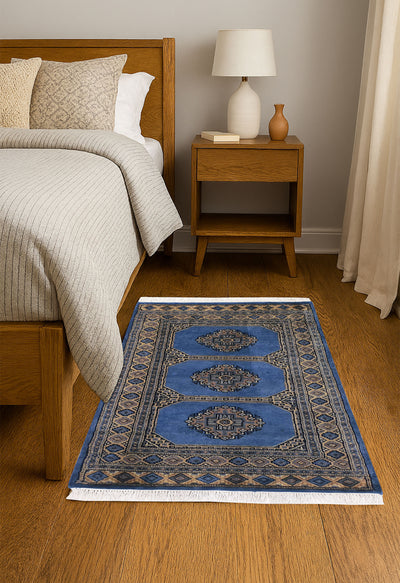 SUPERFINE BUKHARA LIGHT BLUE WITH 3 MEDALLION CREAM & GREY BORDER - AR3986