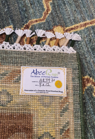 SUPERFINE HAND KNOTTED OUSHAK LIGHT GREEN WOOL WITH BEAUTIFUL & COLOURFUL MULTICOLOUR FRINGE - AR3970