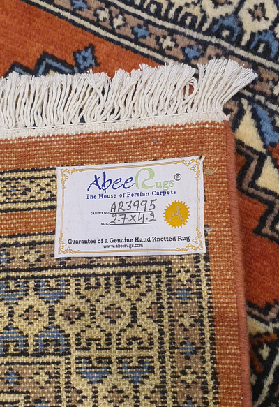 SUPERFINE BUKHARA ORANGE & BLUE WITH 3 MEDALLION & BROWN BORDER - AR3995