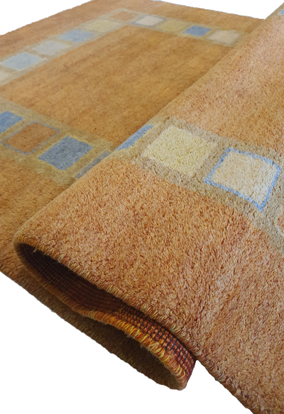 Superfine Hand Knotted Gabbeh Wool Yellow with Box Border Design Vintage Wash - AR3958