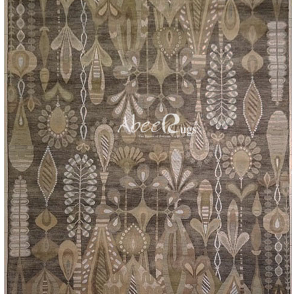 Superfine Persian Trees Of Life Motif Silk & Wool Light Brown With Grey & Dark Brown Motif-VP140