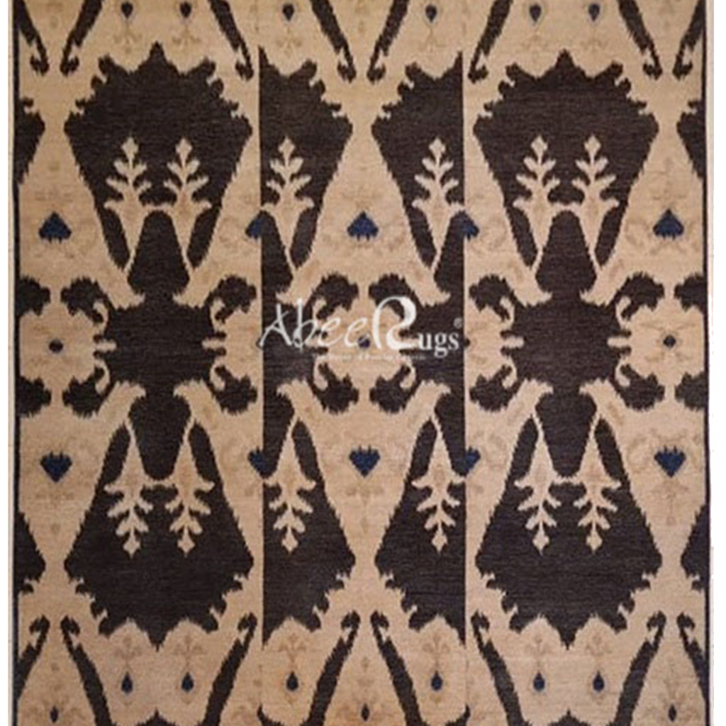 Superfine Persian Ikat Design Wool Allover Big Floral Motif Black & Cream-VP155